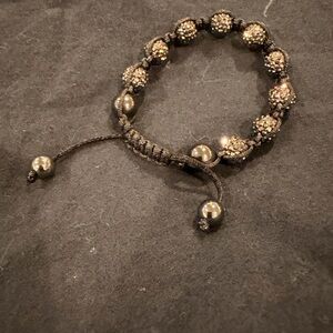 Shamballa Bracelet with Crystals and Black Leather